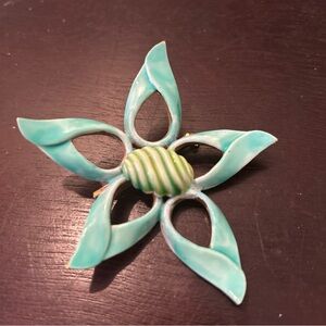 Vintage Flower Enamel Brooch Original By Robert Blue Green Swirl 3” Retro MCM